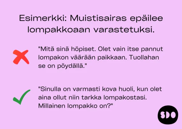 Esimerkki tekstinä: Muistisairas epäilee lompakkoaan varastetuksi. 